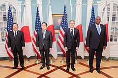 左から浜田、林芳正外相、米国のアントニー・ブリンケン国務長官、ロイド・オースティン国防長官（2023年1月11日）