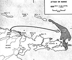 Mapa ukazuje, jakie partie Los Negros znajdowały się 15 marca w rękach Amerykanów. Strzałka pokazuje kierunek ataku.