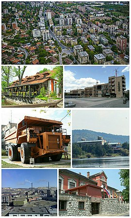 Bor- photomontage (Panorama of Bor, Brestovac Spa, Cultural center, Dumper in Park Museum, Hotel near Bor Lake, View on Mining and Smelting Basin Bor, Technical faculty)