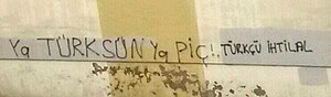 Kadıköy, İstanbul'daki bir Ermeni kilisesinin duvarına kimliği belirsiz kişiler tarafından yapılan "Yaşasın Irkçı Türkiye" (üstte) yazılması ile aynı kiliseye yakın bir duvara yapılan "Ya Türksün Ya Piç" yazılması (altta).[1]