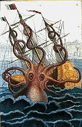 Coloured drawing of a huge octopus rising from the sea and attacking a sailing ship's three masts with its spiraling arms