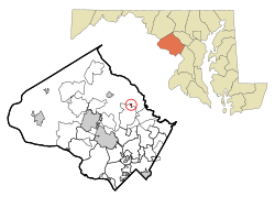 Location of Brookeville in Montgomery County, Maryland, Inset: Location of Montgomery County in Maryland.