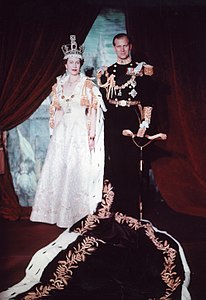 The coronation portrait of Elizabeth II and Philip, Duke of Edinburgh (1953) has three different shades of purple in the train, curtains and crown.