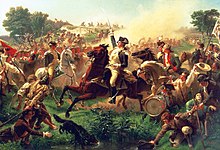 Painting showing Washington on horseback, sword raised, in the midst of battle.