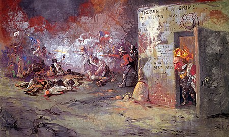This 1867 image of Andy Johnson (in a privy?) at the New Orleans massacre was part of Nast's 1867 Grand Caricaturama cycle of 33 historical paintings[29]