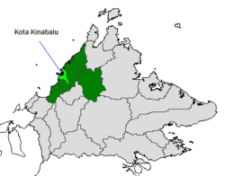 Vị trí của quận Kota Kinabalu và thành phố Kota Kinabalu trong Phân khu Bờ Tây, bang Sabah