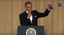President Barack Obama ending his final Correspondents' Dinner speech with a mic drop at the 2016 Dinner.