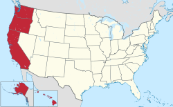 Location of the West Coast (red) in the United States (tan) as defined by the Census Bureau.