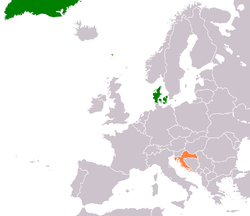 Map indicating locations of Denmark and Croatia