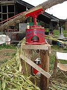 A horse-driven sorghum cane juicer being used to extract the sweet juice in North Carolina, 2010