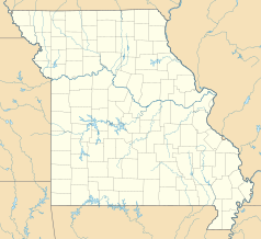 Mapa konturowa Missouri, po prawej znajduje się punkt z opisem „Uniwersytet Waszyngtona w St. Louis”