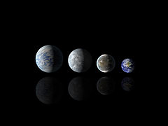 Comparison of the sizes of planets Kepler-69c, Kepler-62e, Kepler-62f, and the Earth. Exoplanets are artists' impressions.