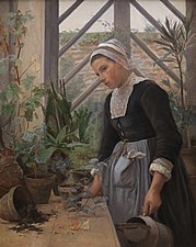 Bretagne-pige ordner planter i et drivhus, by Anna Petersen, 1884