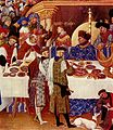 Les Très Riches Heures du duc de Berry, January (detail), c. 1410. The two courtiers standing behind the table to the left wear elaborately cut and dagged patterned chaperons.