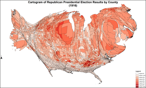 Cartogram shaded according to percentage of the vote for Hughes