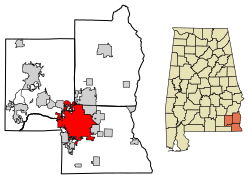 Location of Dothan in Dale, Henry, and Houston Counties, Alabama