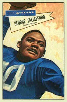 The cover of George Taliaferro's baseball card is a stylized drawing showing a close-up of Taliaferro, smiling, holding a football as if he is in the process of "spiking" it.
