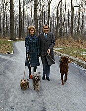 Els Nixon passejant per Camp David amb els seus gossos.