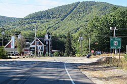 Intersection of NH 16 and NH 41 in West Ossipee. Nickerson Mountain, site of former Mount Whittier Ski Area, rises in background.