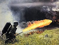 A German soldier using a flamethrower in Russia