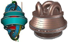 A comparison of the HIT-SI (left) and HIT-SI3 (right) shows different kinds and forms of flux injectors.