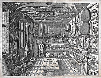 Engraving of room cluttered with objects, including some items of Inuit clothing