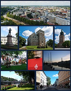 Tap:Aerial view o Turku frae Turku Cathedral, 2nt left:Statue o Per Brahe, 2nt middle:Turku Castle, 2nt richt:Turku Cathedral, 3rd left:Turku Medieval Mercat, 3rd middle:The Christmas Peace Balcony o Turku, 3rd richt:Twilicht in Aura River, Bottom left:Simmer in Aura River, Bottom richt:View o Yliopistonkatu pedestrian aurie