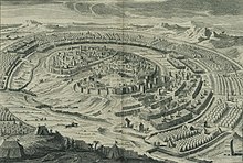 מפת המצור משנת 1732, אוירה בידי הנזיר הצרפתי אוגוסטין אנטואן קלמה. מתוך אוסף המפות ע"ש ערן לאור, הספרייה הלאומית