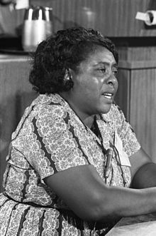 Fannie Lou Hamer is a Black woman wearing a floral dress. She is mid-speaking at a convention. She is seated. The photo is in black and white.