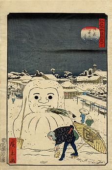 Pes delavcu ukrade obrok snežne Darume, Hirokage, okoli 1855–56