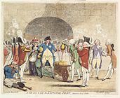 «Ein ny måte å betale nasjonalgjelda på», 1786. På bildet ser ein kongen, dronninga og Pitt med sekkar fulle av pengar.