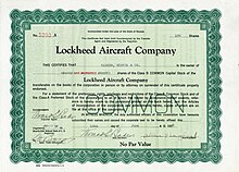 Aktie der Lockheed Aircraft Company, ausgestellt am 10. Juni 1929, unterschrieben im Original von dem Firmengründer Allan H. Loughead als Vize-Präsident