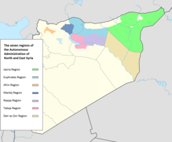 The Shahba Canton is part of the Afrin Region (orange).[1]