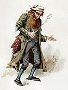 Fagin wielding a toasting fork in Oliver Twist, illustrated by 'Kyd' in 1889