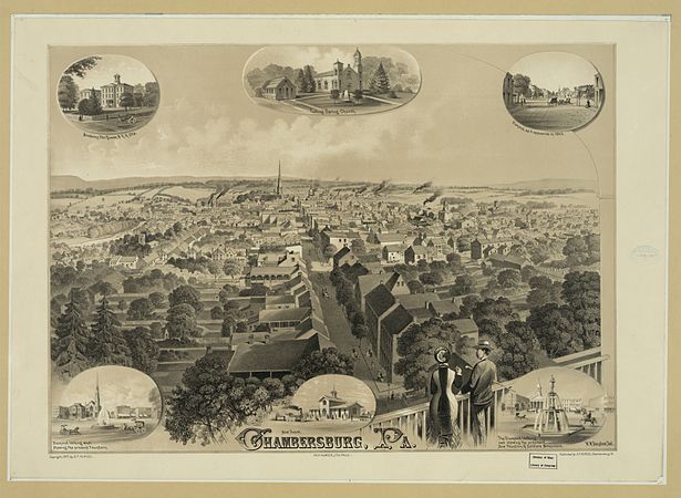1877 view from Zion's steeple looking north toward Chambersburg's Diamond or central square, marked by the tall steeple in the distance.