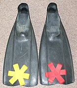 Underwater hockey fins with yellow and red pairs of fin grips