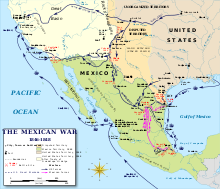 Map of the southwestern United States, including Texas, and also displaying Mexico, with the movements of the forces in the war marked on it