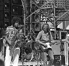 Andy Stein (L) and John Tichy (R) at the Hollywood Bowl opening for Grateful Dead, July 21, 1974. The Wall of Sound PA is in the background. Photo: David Gans