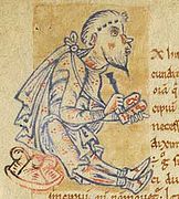 Initial E shaped in the form of a writing man, probably representing Macrobius himself.