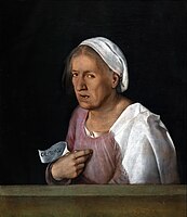 La Vecchia, "The Old Woman", Accademia. The paper she holds reads, "Col tempo" or "With time".