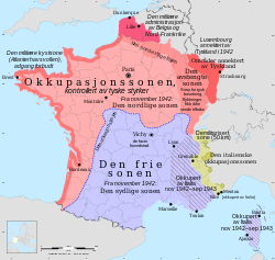 Kartskisse over Frankrike etter våpenhvilen i 1940. Området markert med lys rødt var okkupert av tyske styrker, mørk rødt område innlemmet i Tyskland (Alsace-Lorraine), gult innlemmet i Italia, mens blått område formelt var fritt.