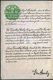 The image shows the text of the request page of the depicted passport in Irish, English, and French. The English text reads: "We, Timothy Healy, Esquire, one of His Majesty's Counsel, Governor General of the Irish Free State, Request and require in the Name of His Britannic Majesty, all those whom it may concern to allow the bearer to pass freely without let or hindrance, and to afford her every assistance and protection of which she may stand in need."