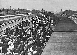 L'arribada del tren amb els deportats dins del camp d'Auschwitz-Birkenau