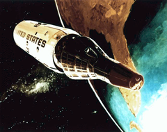 Gemini reentry capsule separates from the orbiting MOL