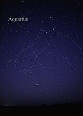 Photograph of a starry sky with white lines tracing the constellation Aquarius