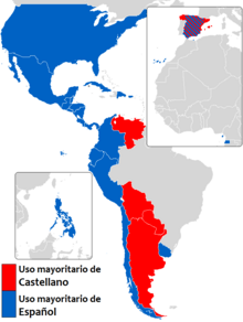 Usage of español (in blue) and castellano (in red) in reference to the Spanish language in Spanish-speaking countries. Note usage varies by country.