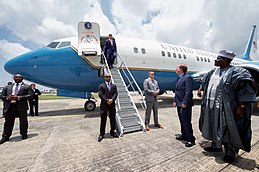 Secretary Kerry deplanes his flight at Nnamdi Azikiwe International Airport in Abuja