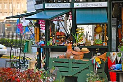 Colorful outdoor kiosk with items for sale