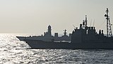 INS Chennai steams alongside the USS Princeton (CG-59) in the North Arabian Sea during Malabar 2020 exercise.