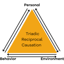 Center of graphic is text reading "Triadic Causation Model" Each corner has different text reading Personal, Behavior, and Environment. Arrows point between the two: Personal to Environment (and vice versa), Environment to Behavior (and vice versa), and Behavior to Personal (and vice versa)